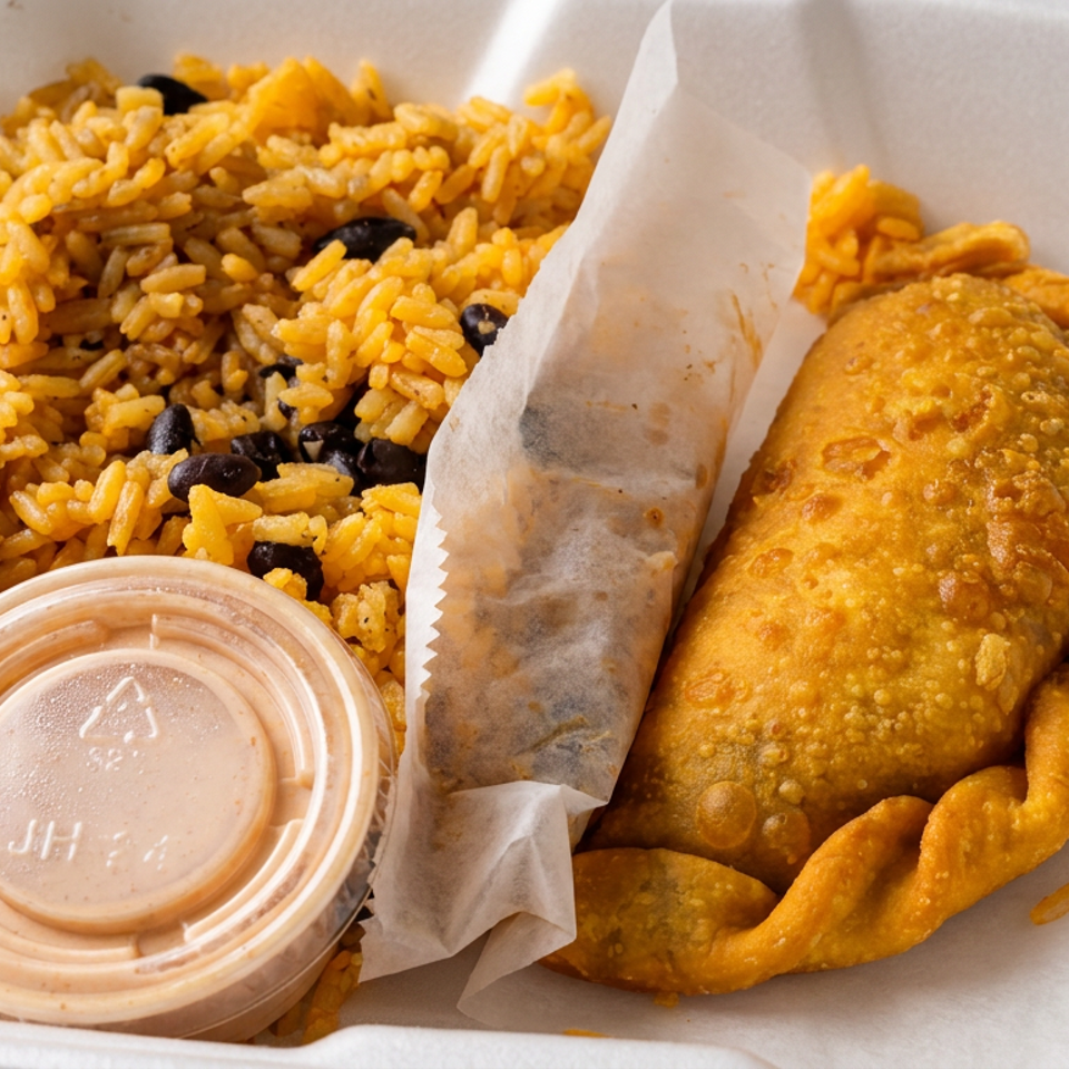 Golden fried empanada served with seasoned rice, black beans, and a small container of creamy sauce in a takeout box.
