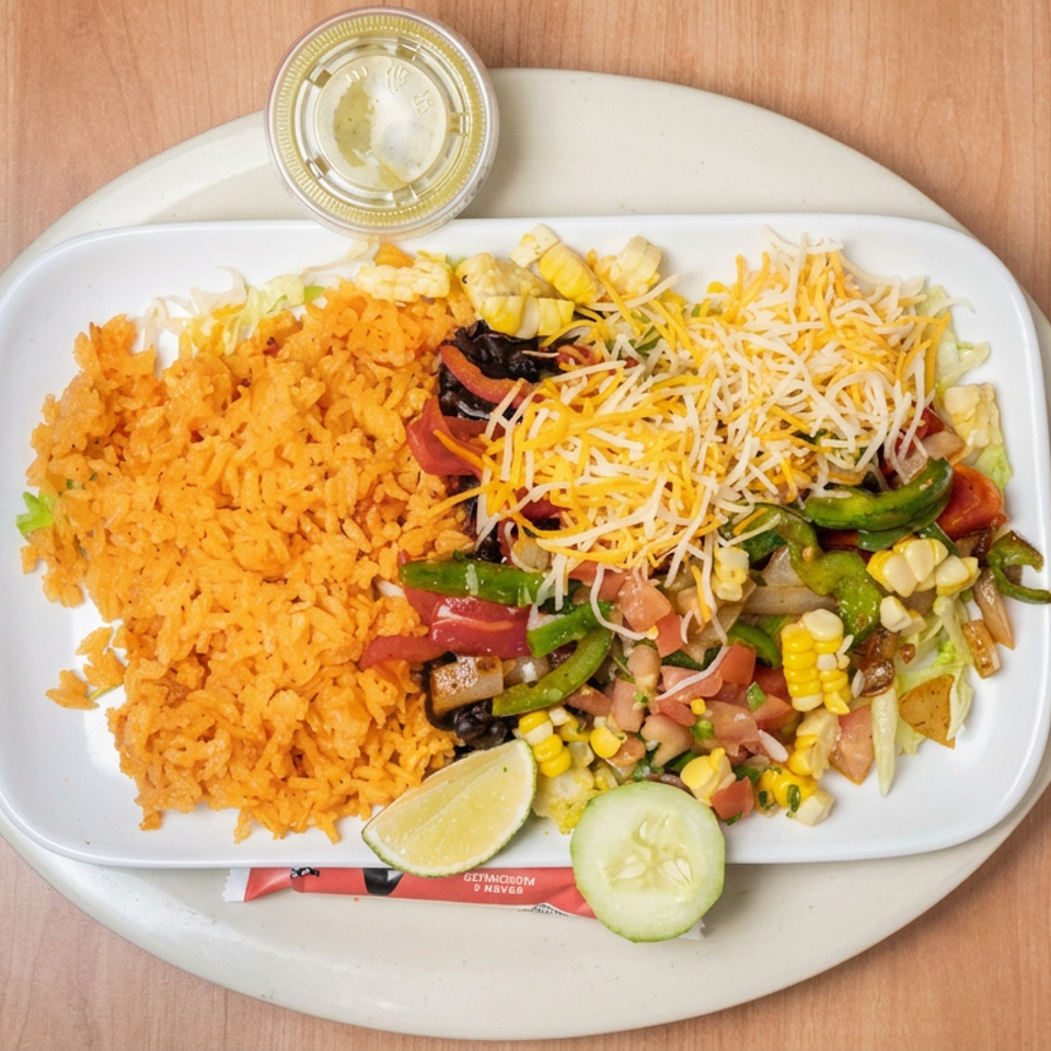 Overhead view of Mexican-style rice, grilled vegetables, corn, salad, shredded cheese, lime, cucumber, and dressing on a white plate.