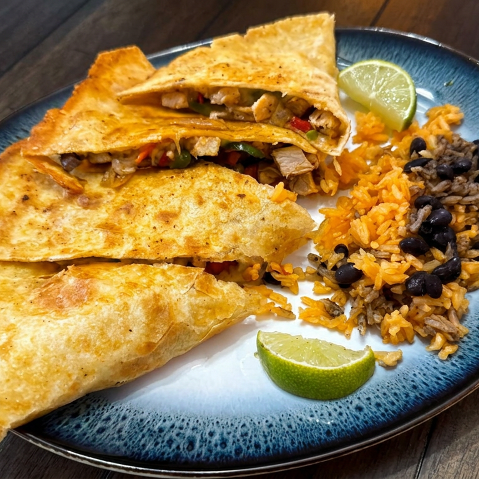 Three golden chicken quesadillas with rice, black beans, and lime wedges on a blue plate.