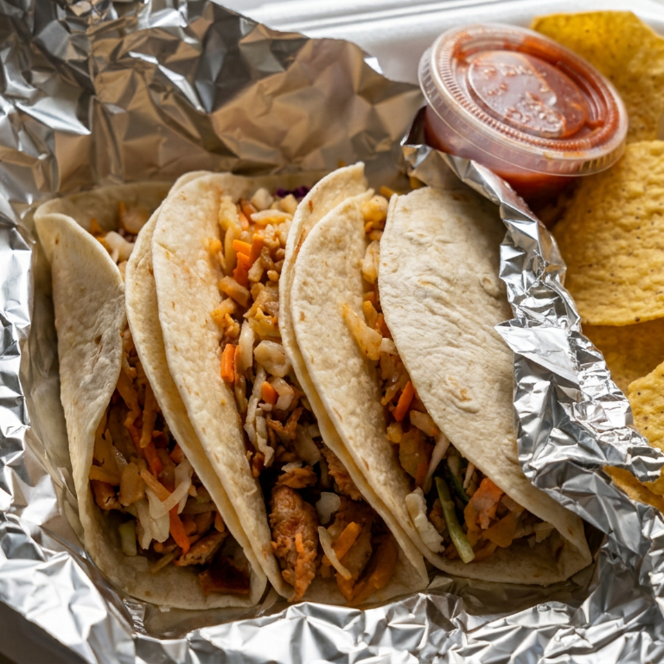 Three soft tacos filled with seasoned meat, rice, and vegetables, served in foil with tortilla chips and salsa.