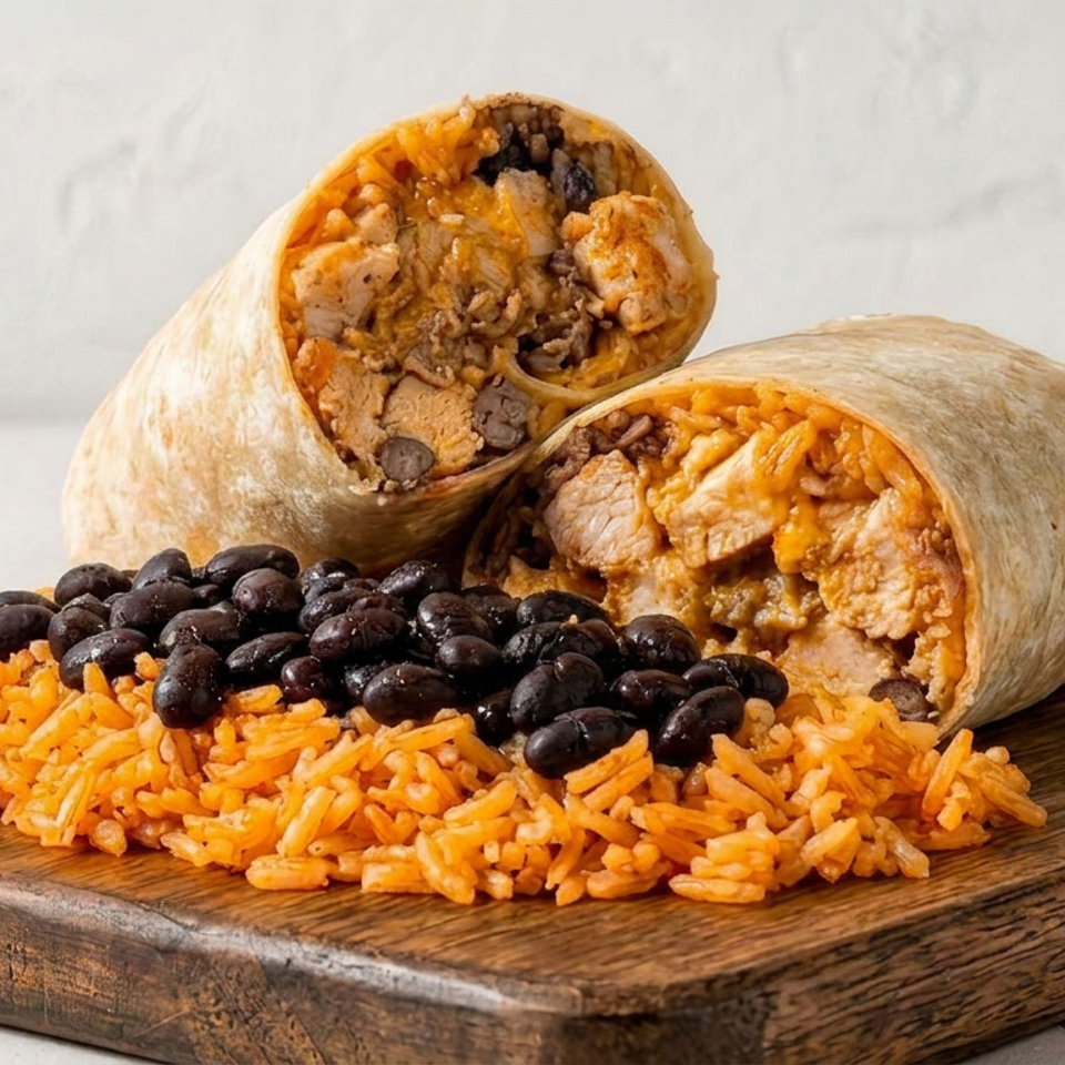 Two chicken, rice, and black bean burrito halves served with orange Mexican rice on a wooden cutting board.