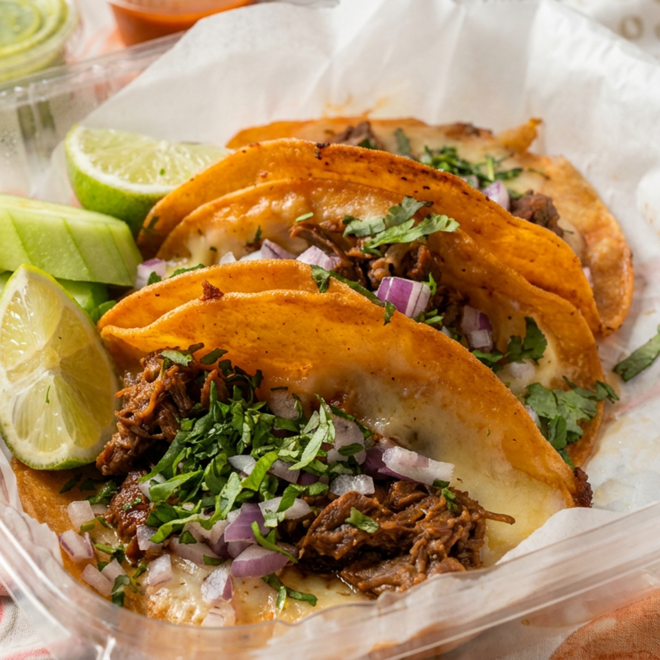 Three birria tacos topped with cilantro and diced onions, served with lime wedges, avocado, and salsa in a takeout container.