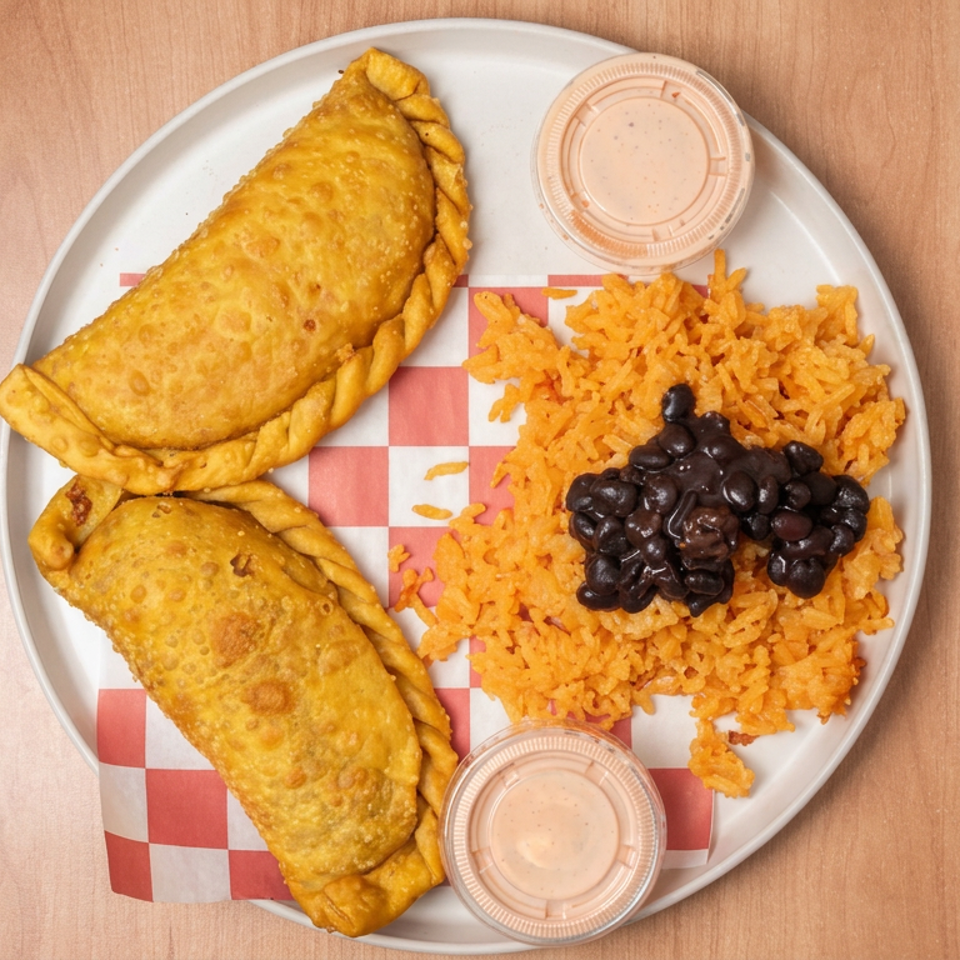 Two golden fried empanadas with orange rice, black beans, and dipping sauces on a checkered-lined plate.